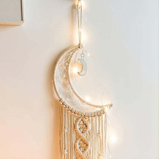 Get the perfect boho room decor with moon macrame wall pediments. Ideal gift for Christmas, Halloween, and Thanksgiving Day. Please note that strip lights are not included and need to be purchased separately.