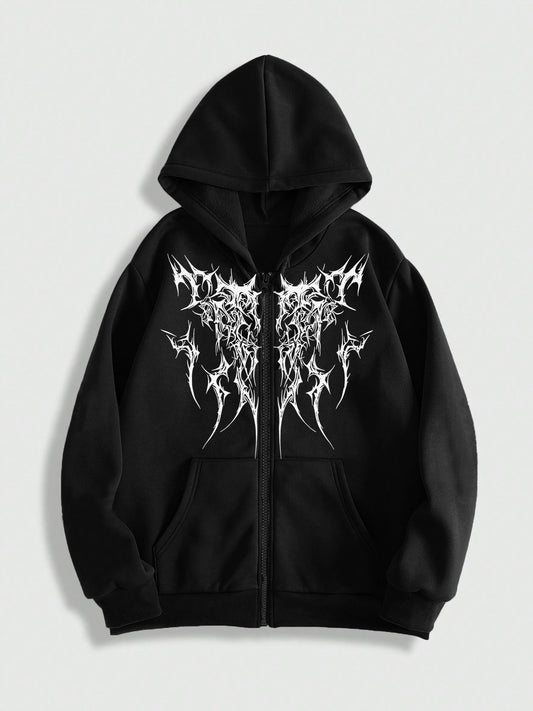 Gothic Dark Print Hoodie for Men - Casual Zip-Up Sweatshirt with Kangaroo Pocket, Polyester Blend, Ideal for Fall/Winter