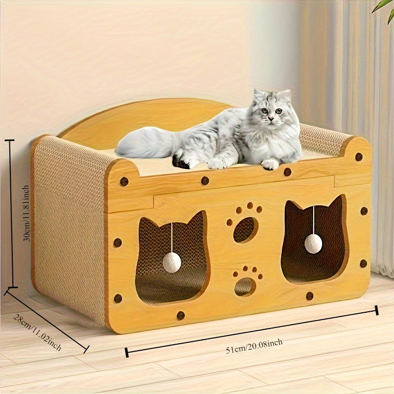 TV-shaped cat scratcher and resting mat made of durable cardboard with built-in ball toy, serves as multifunctional cat furniture for claw care and relaxation.