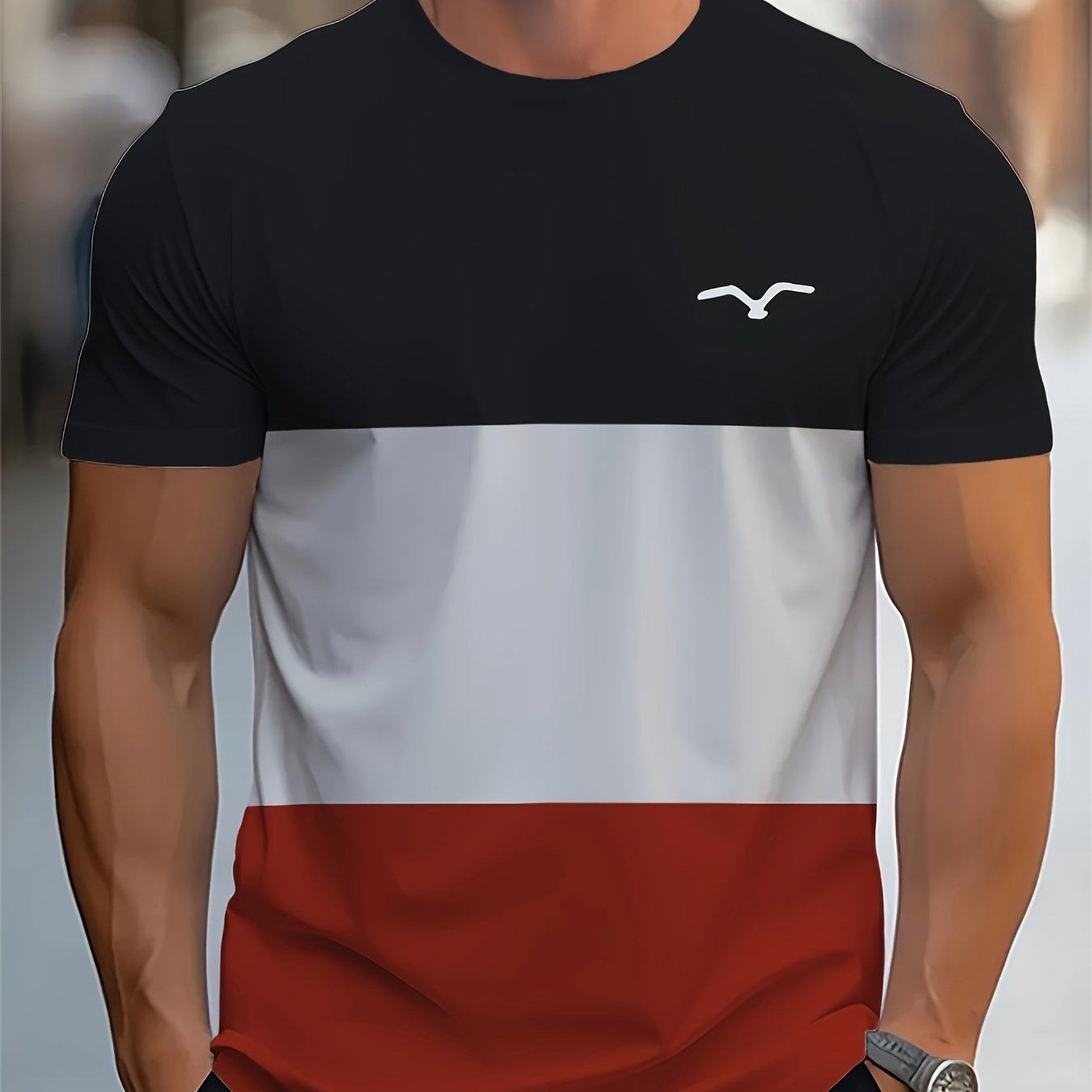 Men'S Color Block Round Neck Short Sleeve T-Shirt - Casual Summer Sports Top, Polyester Knit Fabric, Adult Unisex, Thin Version for Summer