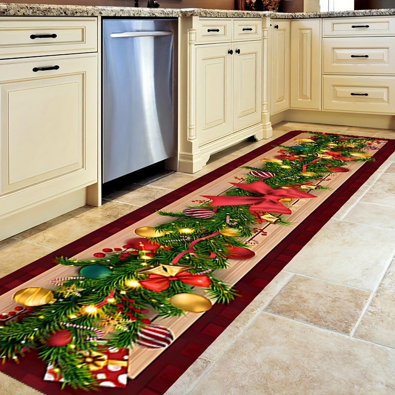 Get into the holiday spirit with this Christmas-themed runner rug featuring a festive tree, ornaments, and bow design. Made from low pile, tufted polyester, this machine washable rug is also non-slip and stain resistant, making it perfect for hallways