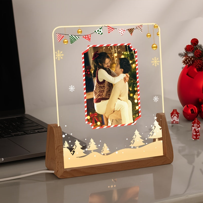 Elegant transparent acrylic photo frame featuring a glowing heart, perfect for Christmas, Valentine's Day, and anniversary gifts. Create your own personalized picture display stand with this DIY frame, ideal for showcasing youngsters' memories and