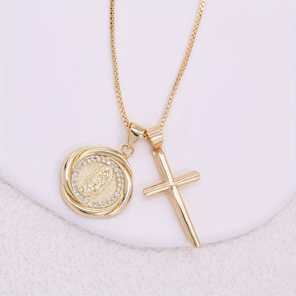 Elegant and simple, the Inlaid Zirconia Virgin Mary and Cross Pendant Necklace is a perfect gift for Mother's Day and birthdays. This detachable layered charm fashion jewelry combines style and spirituality to create a unique and meaningful piece for