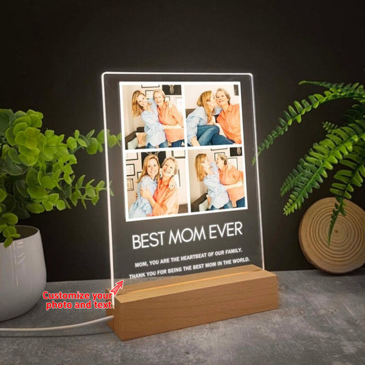 Illuminate memories with our Custom Acrylic Photo Collage Night Light! This personalized family picture frame LED display is the perfect gift for the Best Mom Ever. It doubles as a decorative illuminated keepsake featuring customizable text. Ideal for