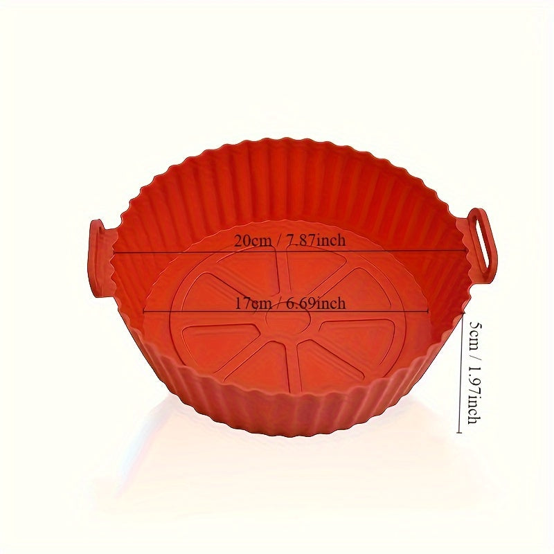 Reusable, non-stick silicone air fryer basket liner designed for 3QT-5QT air fryers. Heat resistant up to 240°C, perfect for baking and cooking. Available in blue and black, ideal for holiday parties and everyday kitchen use. Portable and folding with a