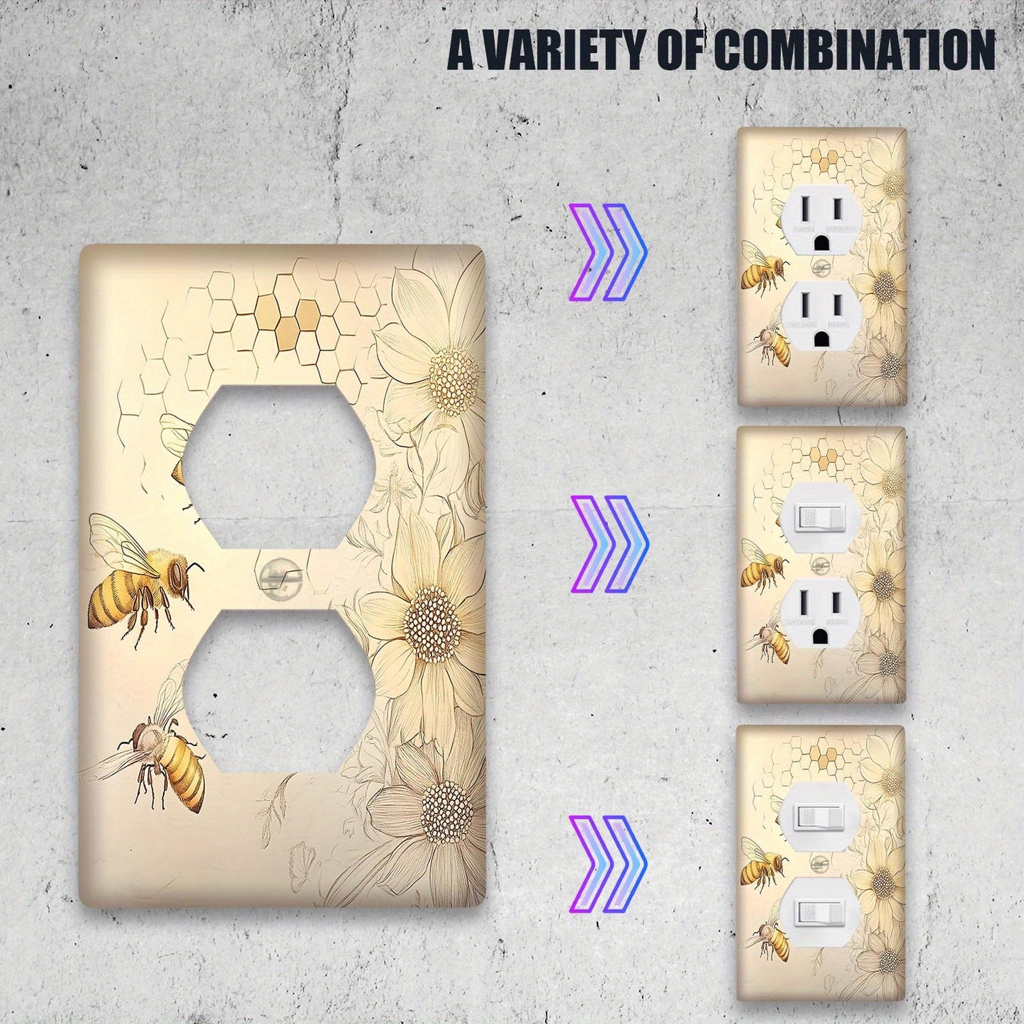 One sunflower and bee decorative wall plate for single toggle light switch and outlet cover, nature-inspired design for home, office, and hotel decor. Available in 1 or 2 gang configurations for power outlets and kitchen use.