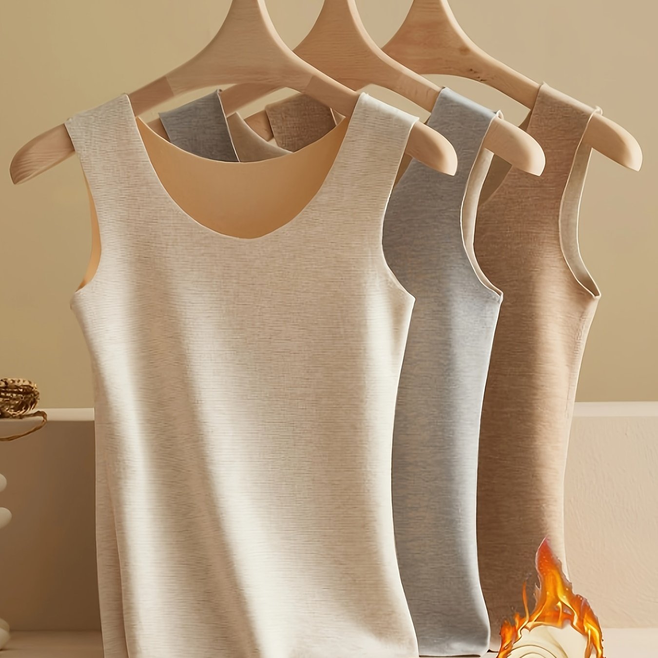 3 pieces of plush-lined thermal underwear with a warm, sleeveless tank top.