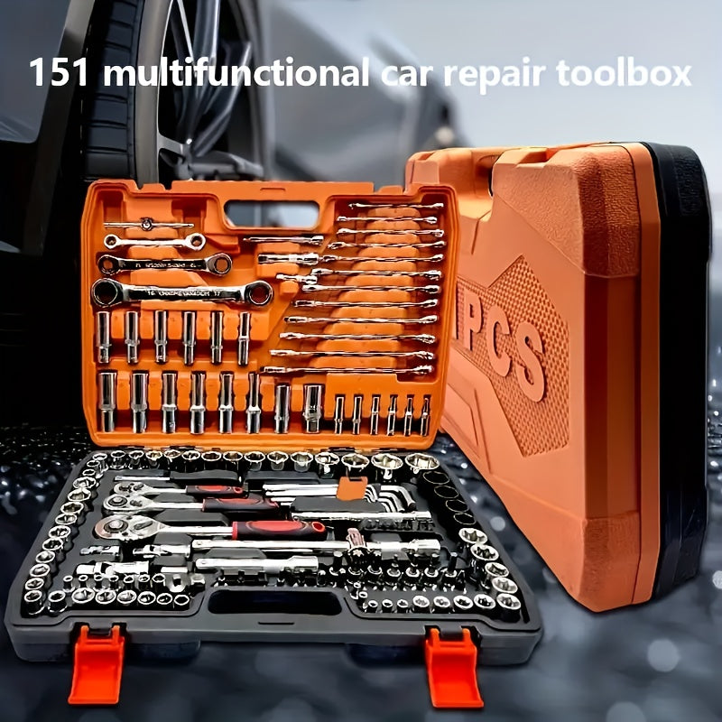 High-quality car repair kit includes essential tools for automotive maintenance and repair, featuring quick ratchet wrenches and mechanical repair tools, battery-free.