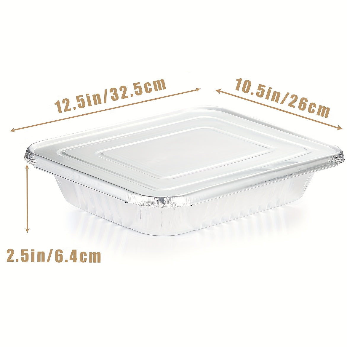 This set includes 8 heavy-duty aluminum pans with foil lids. The extra thick disposable foil containers are perfect for baking, cooking, roasting, and heating. Each pan measures 9x13 inches.