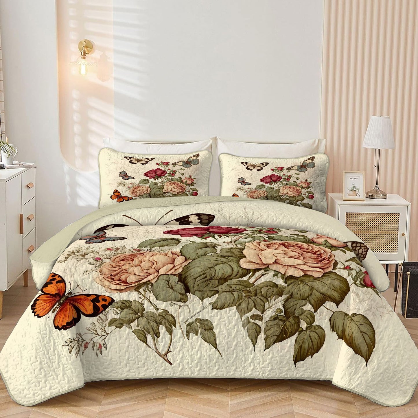 Rose & Butterfly Print Bedding Set - 3pcs Quilt Cover and Pillowcase Combo, Soft Polyester, Machine Washable - Ideal for Bedroom Decor