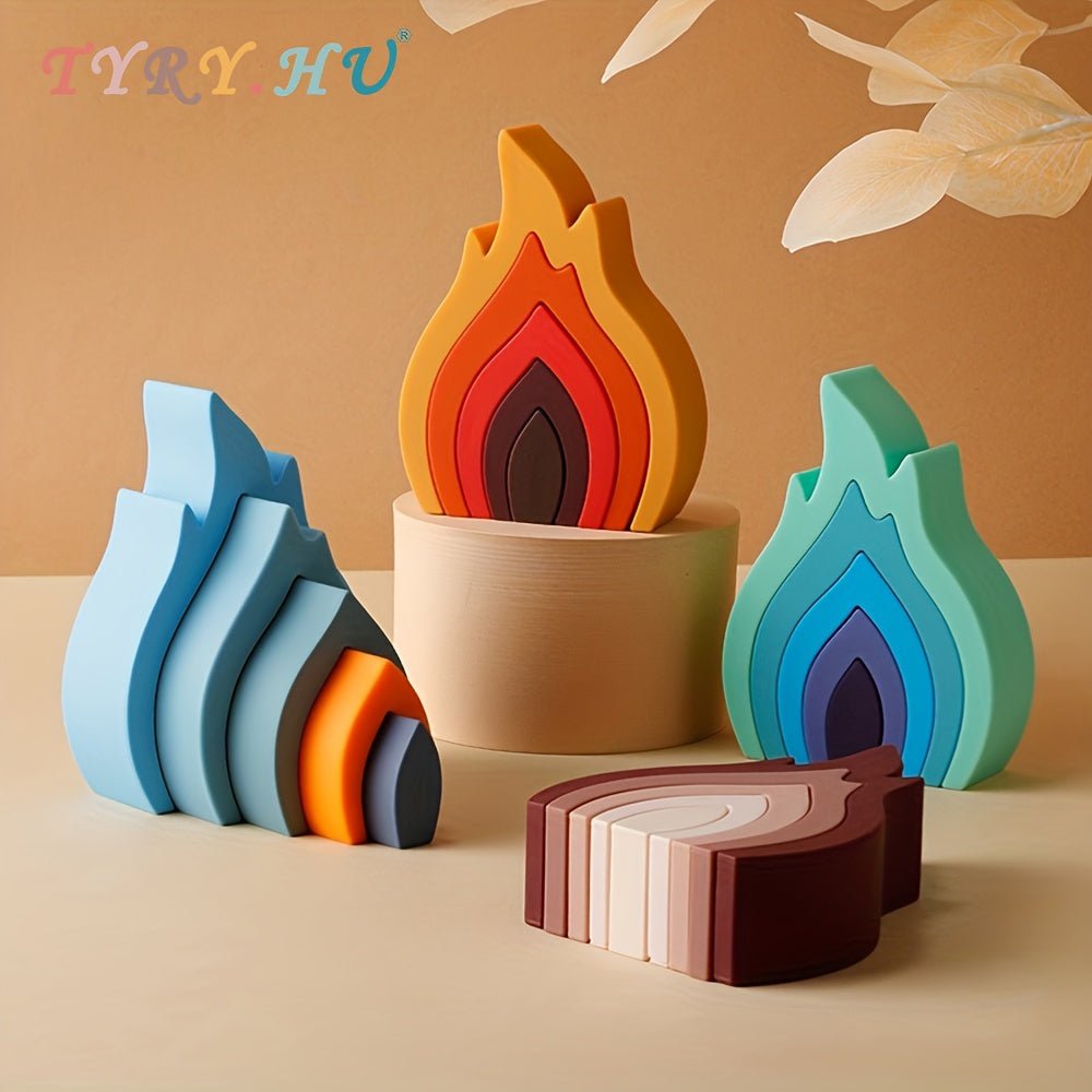 TYRY.HU Flame-Inspired Silicone Building Blocks - Safe for Children, Educational Toy for Kids, Colorful Shape Matching Game, Soft Construction Set, Ideal Present for the Holidays