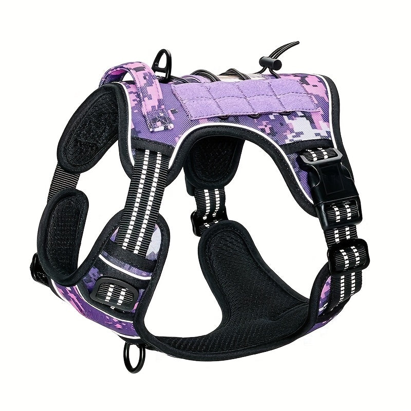 Reflective chest strap for medium to large dogs with adjustable vest and handle, suitable for bulldogs. Does not include battery.