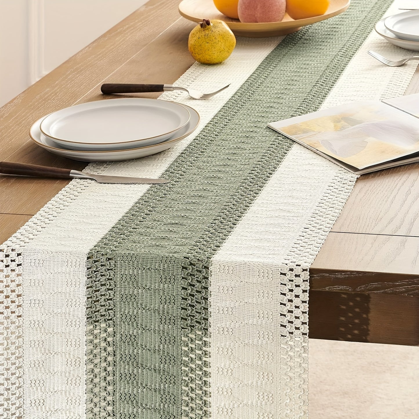 Bohemian sage green striped table runner, perfect for home décor and holiday celebrations.