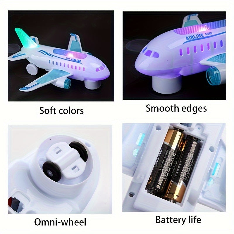 Interactive Electric Airplane Toy for Kids with Lights & Music - Battery-Powered, White Plastic Aircraft Model for Boys & Girls, All-directional Flight