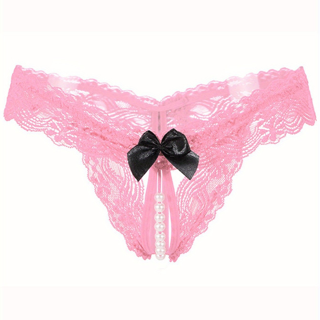 Women's sexy lingerie featuring floral lace bow thongs, open crotch faux pearl panties.