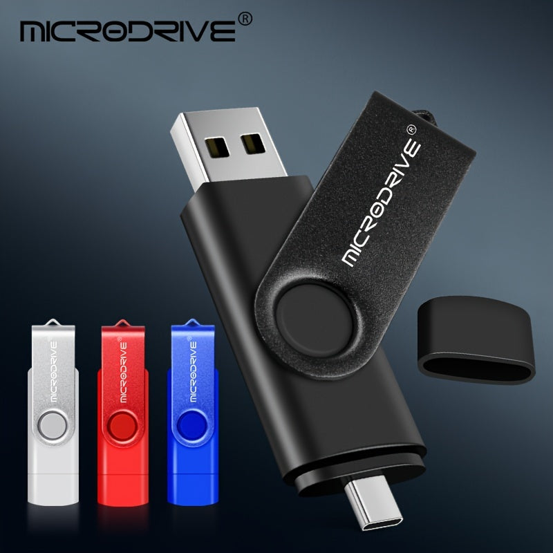 MiCRODRIVE USB 2.0 Pen Drive in 4GB, 8GB, 16GB, 32GB, 64GB, and 128GB capacities, with a 360 rotating metal design and Type-C compatibility for Android devices. Available in black, blue