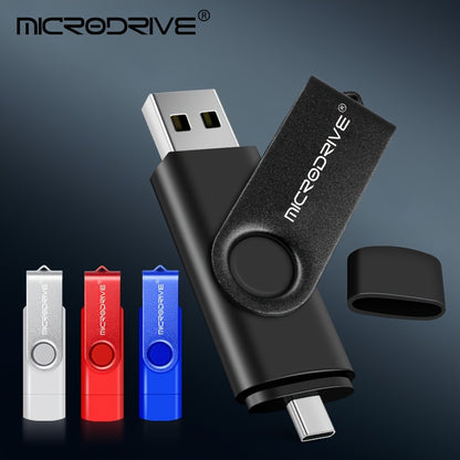 MiCRODRIVE USB 2.0 флешка емкостью 4 ГБ, 8 ГБ, 16 ГБ, 32 ГБ, 64 ГБ и 128 ГБ с 360-градусным вращающимся металлическим дизайном и совместимостью с Type-C для устройств Android. Доступна в черном и синем цветах.