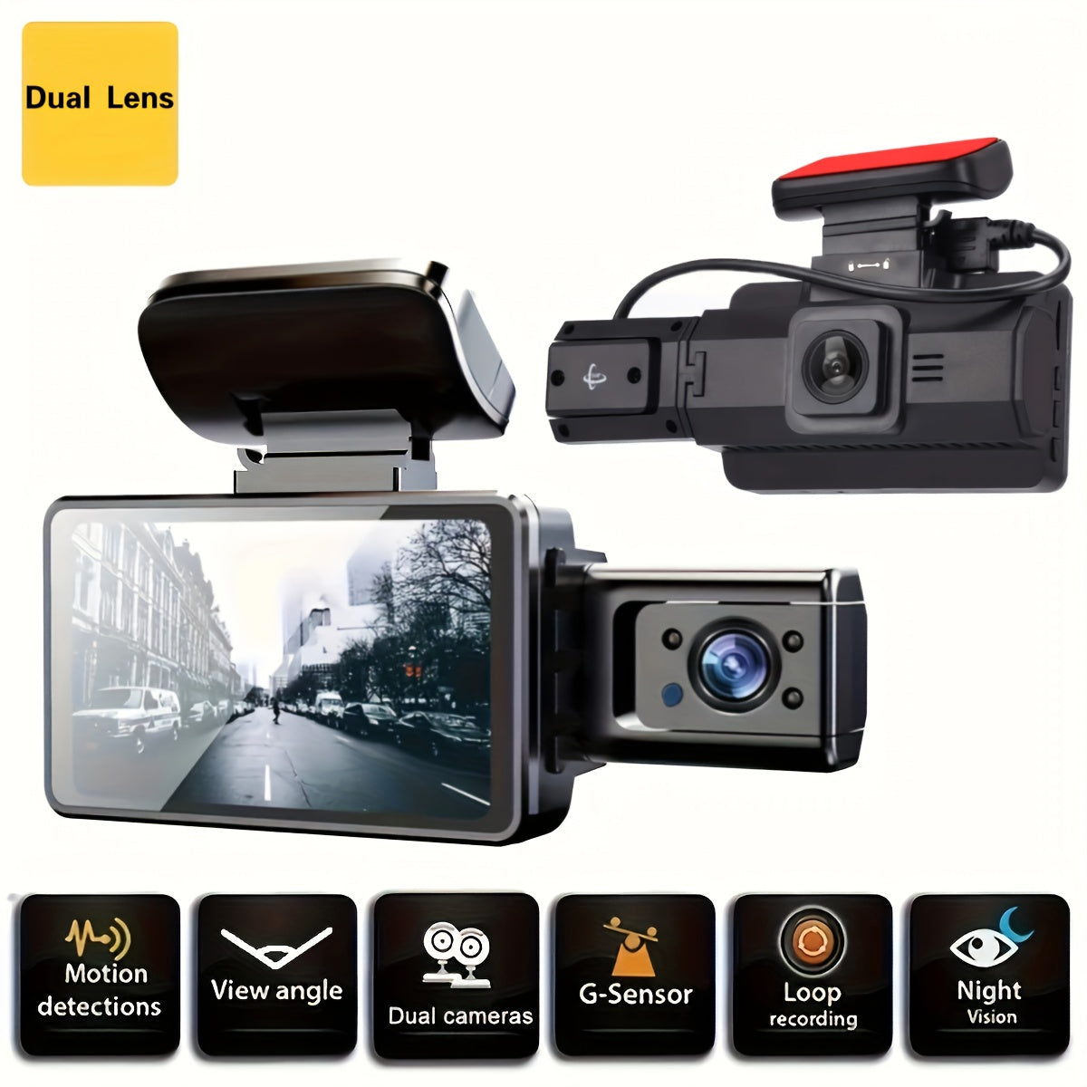 Dual lens dash cam for cars with 7.62cm screen, loop recording, night vision, and wide angle car video recorder.