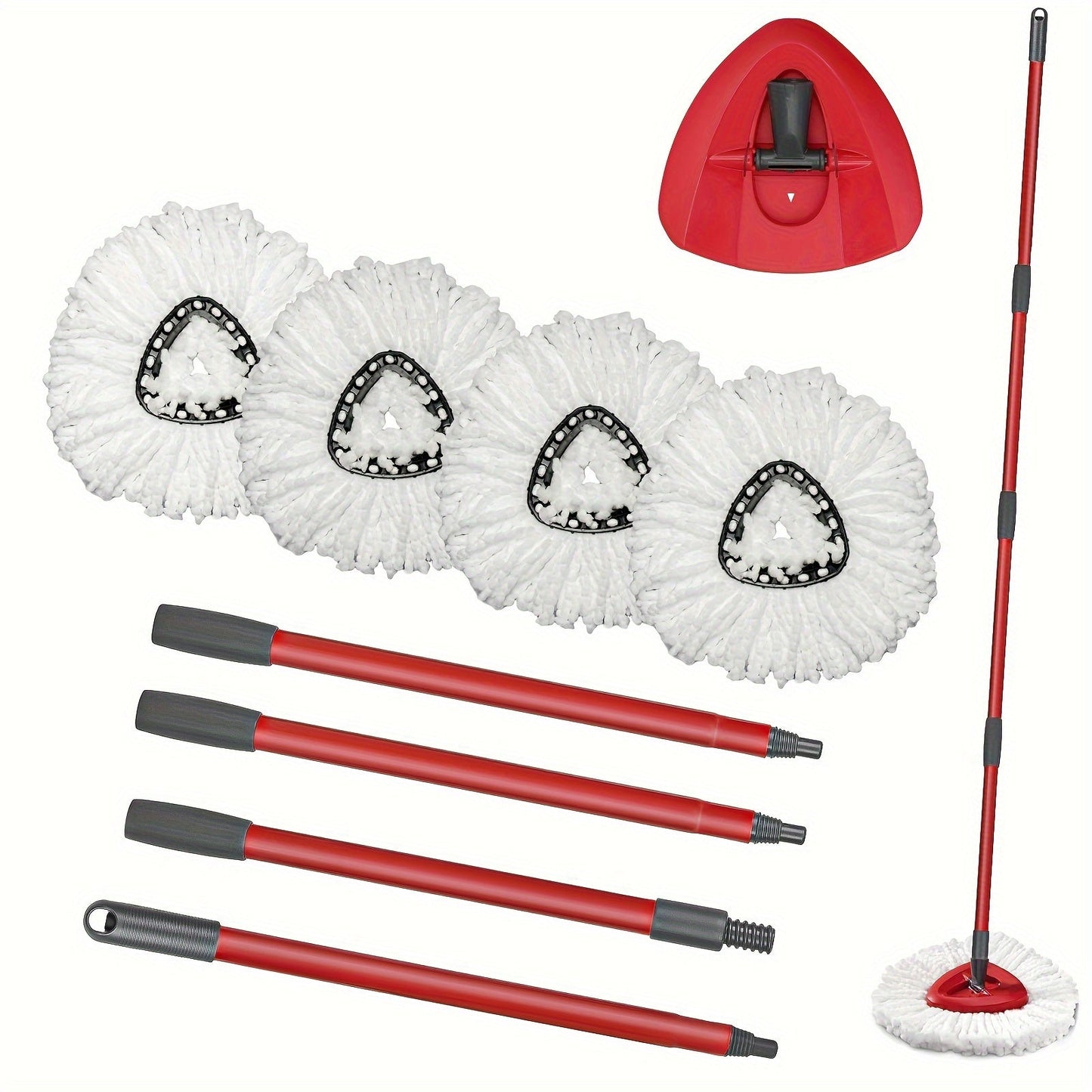 White 4-piece Mop Head Set with Red and Gray Mop Handle and Triangle Plate