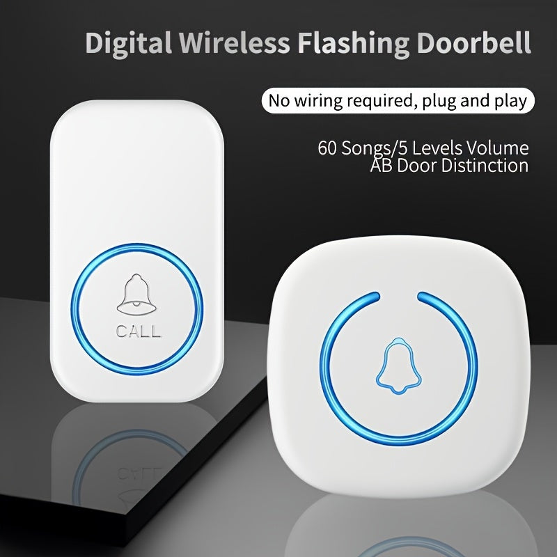 Wireless doorbell kit includes 1 set with 304.8 meter range, 60 chimes, LED flash, and classic button.