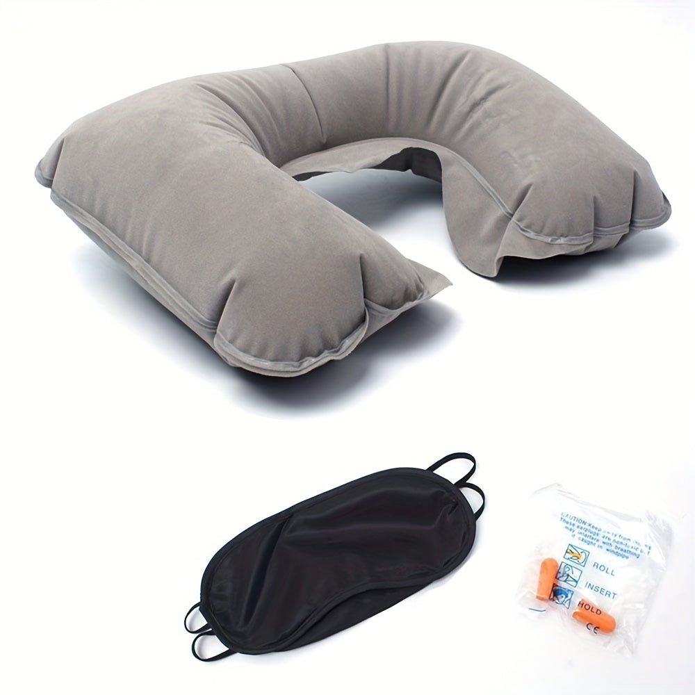 Inflatable U-shaped Travel Pillow Set with Short Plush Cover, PVC Support Headrest, Earplugs, and Eyeshade for Car or Office Use