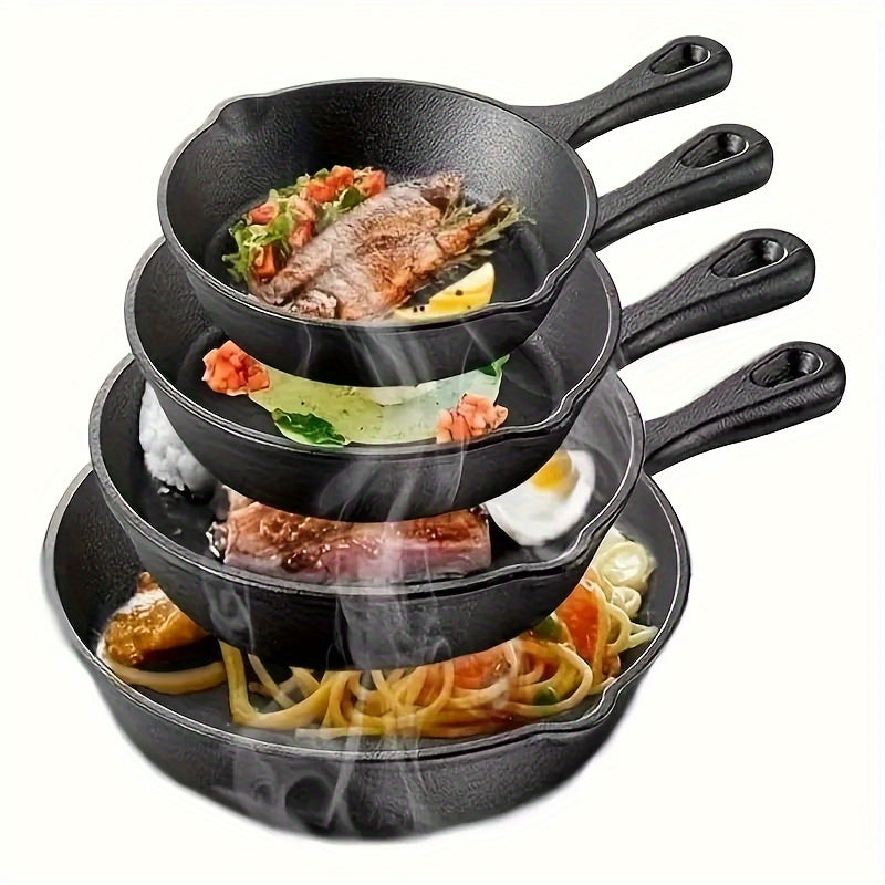 A set of four pre-seasoned cast iron skillets perfect for sauteing, stewing, and baking. Ideal for making apple pies and quiches, these versatile frying pans are a must-have for any kitchen.