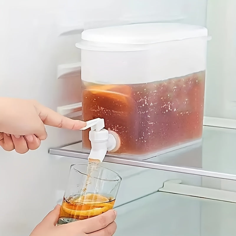 Large capacity refrigerator drink dispenser with faucet ideal for lemonade, juice, and tea. Modern white PP cold water jug for home use.