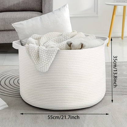 Large storage basket made from woven rope, perfect for blankets in the living room, toys in the children's room, dirty laundry in the laundry room, and bedroom organization.