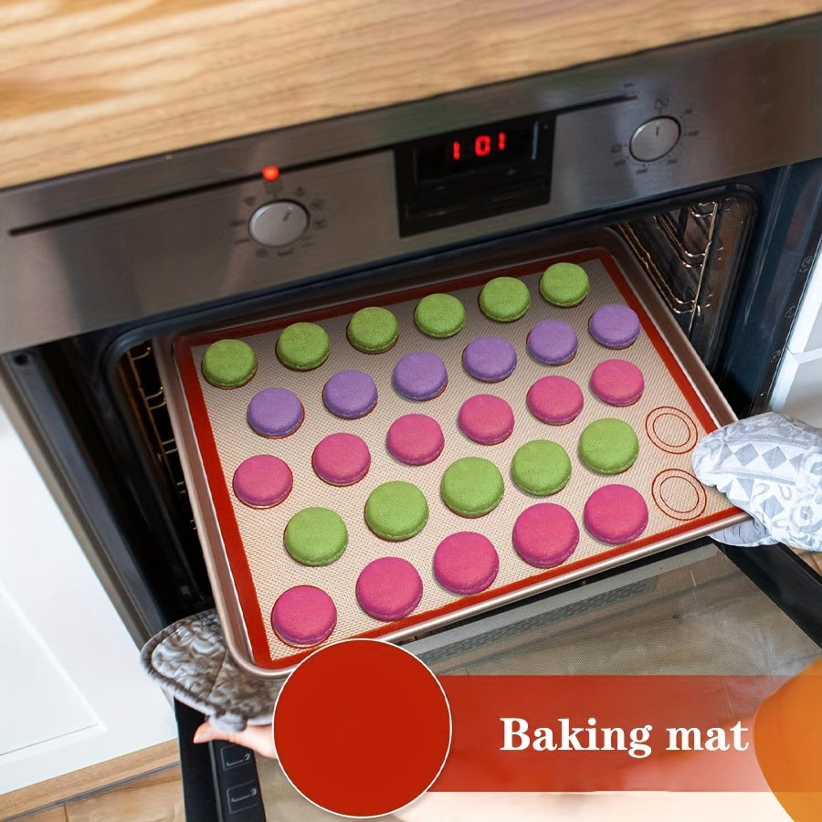 A set of five silicone baking mats, designed to be heat-resistant and non-stick. These reusable tray mats are easy to wash and clean, perfect for baking macarons, cakes, cookies, and pizza. Essential tools for any kitchen baker.