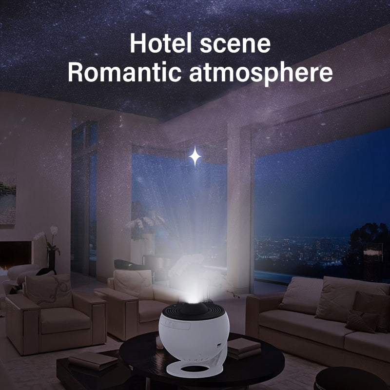 USB powered starry galaxy projector made of ABS material with tabletop mount, push button control, interchangeable film projection. Suitable for bedroom, hotel, restaurant, game room for