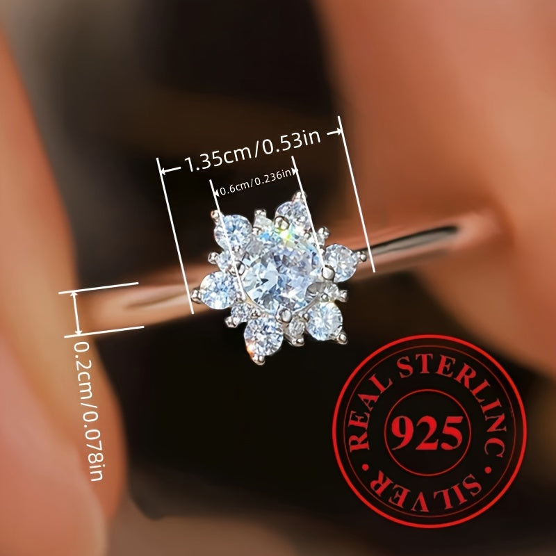 Exquisite Sterling Silver Flower Cluster Ring with Shimmering Cubic Zirconia, Snowflake Band - Perfect Gift for Women, Timeless Wedding Jewelry in Elegant Style (No Box)