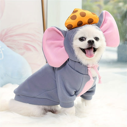 Warm winter pet hoodie with mouse theme, hand-washable polyester, ideal for small to medium breeds.