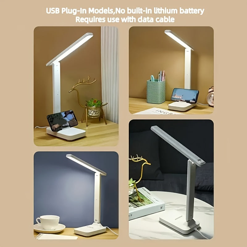 LED desk lamp with touch control for brightness adjustment, USB powered, ideal for reading and bedside.