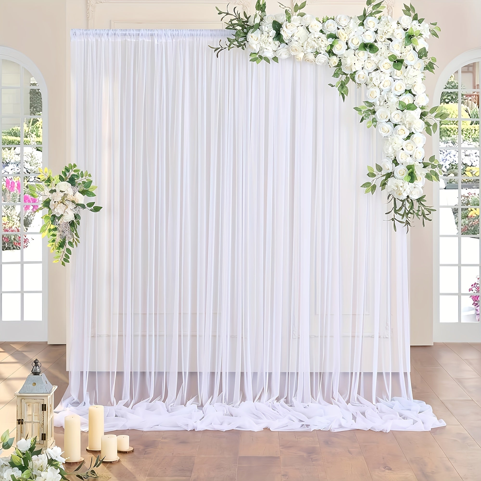 2 elegant white tulle backdrop curtains - ideal for weddings, baby showers, and photo backdrops.