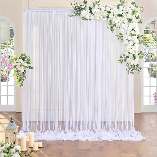 2 elegant white tulle backdrop curtains - ideal for weddings, baby showers, and photo backdrops.