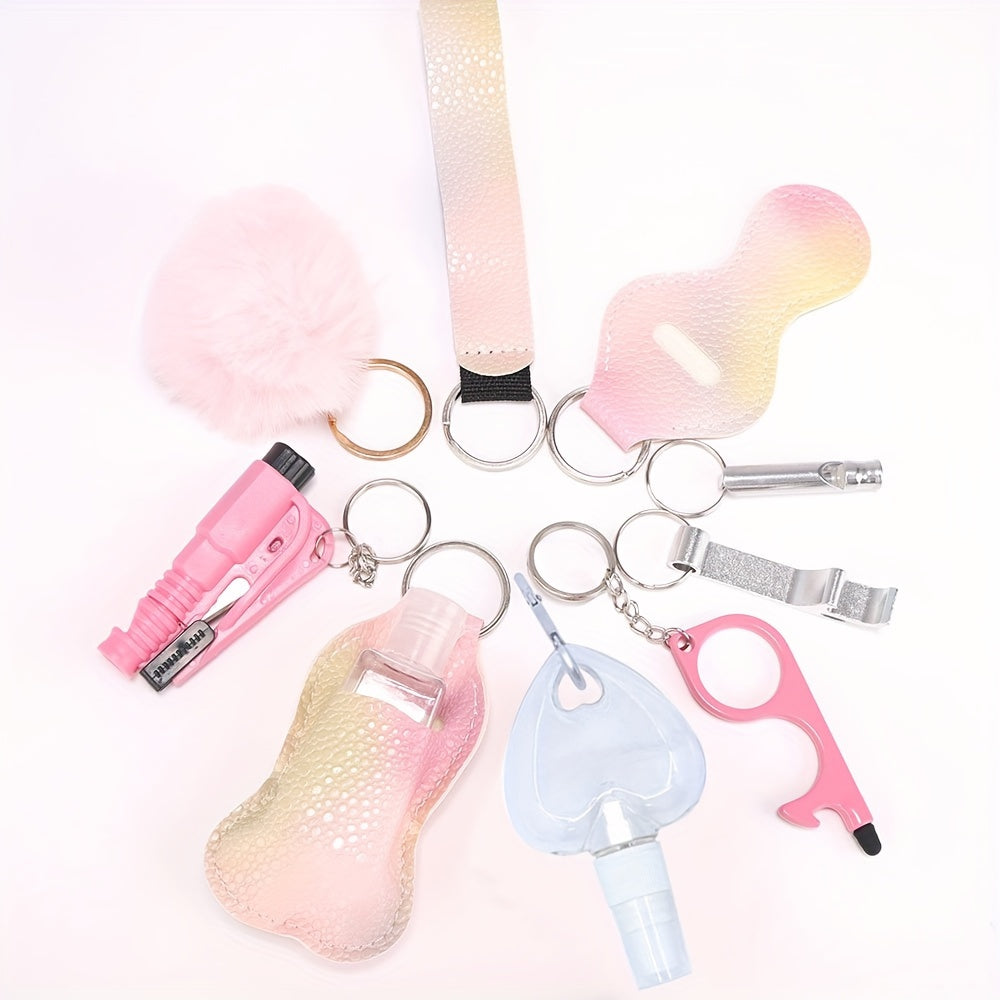 A set of 10 self-defense items for women, including a window breaker, spray bottle, lipstick holder, and other accessories. Perfect for birthday gifts for moms and women.