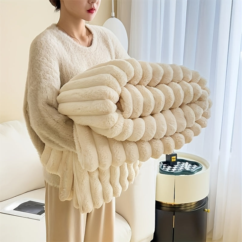 This elegant imitation rabbit fur shawl blanket is crafted from 100% polyester, featuring a soft knit fabric that provides all-season comfort. Versatile for use on the sofa, bed, in the office, or while traveling, this contemporary striped design is sure