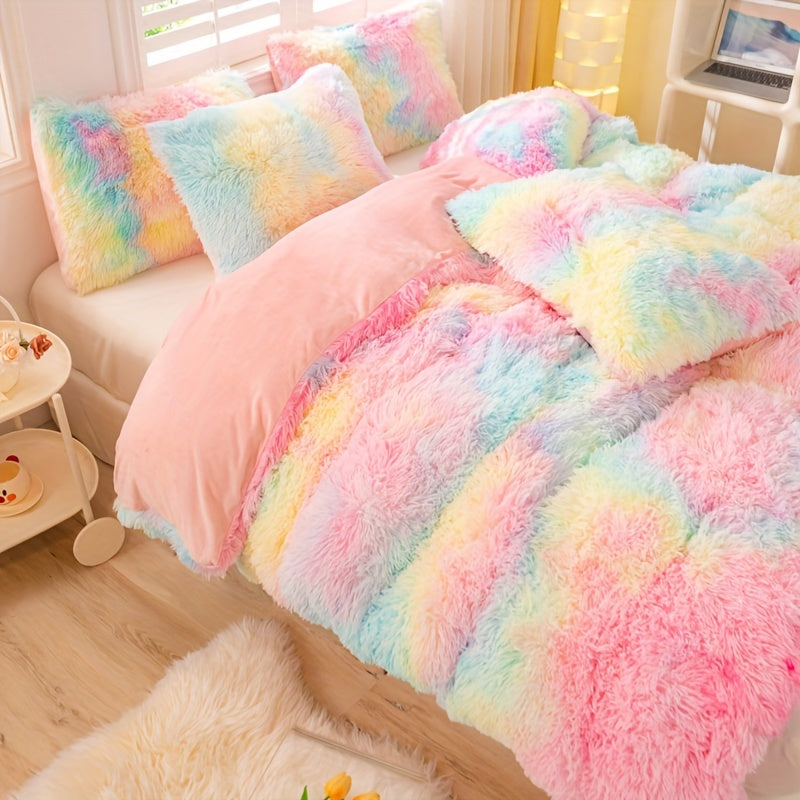 Y2K Tie Dye Plush Duvet Cover Set includes 3 pieces (1 Duvet Cover + 2 Pillowcases), providing soft and warm bedding.