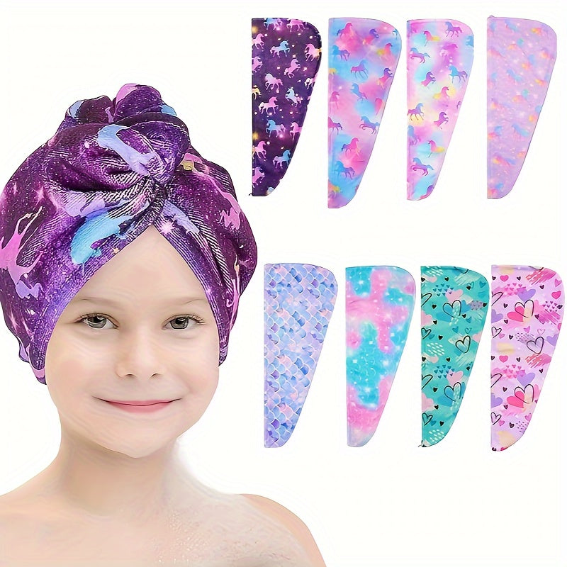 Microfiber cartoon hair towel wrap with button for kids, quick dry cap with cute patterns, absorbent towel for women and girls.