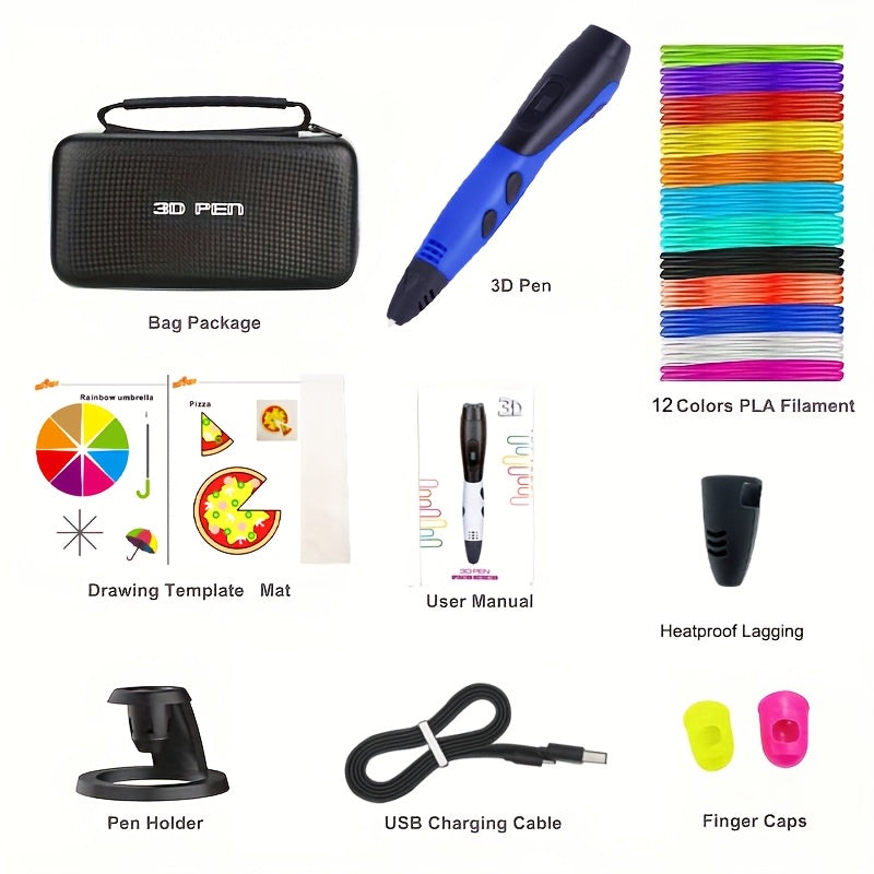 SETOOKJ 3D Printing Pen Kit - USB Powered with 12 Colors PLA Filament, Stencil Guide, User Manual; No Battery Needed