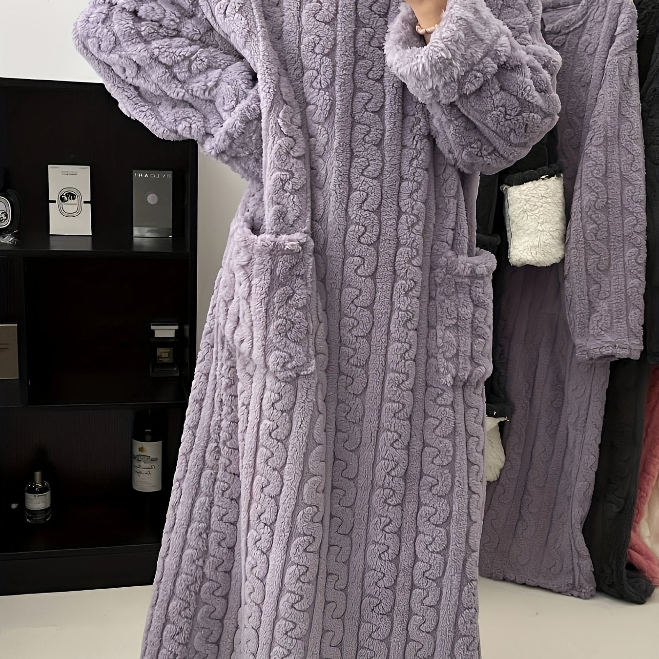 Women's fleece-lined long sleeve nightgown with cable knit texture - ideal for Fall/Winter.