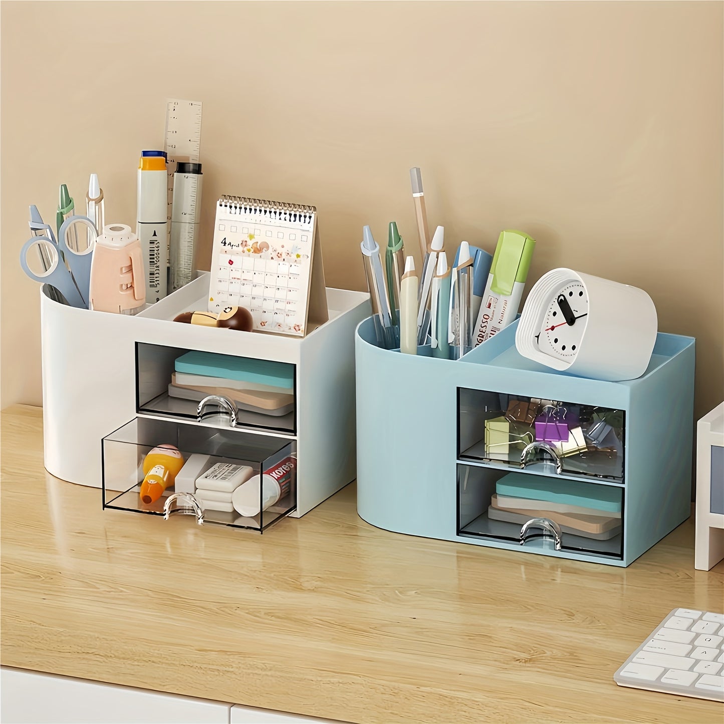 Desk organizer with dual drawers, pen holder, cosmetic and jewelry storage. White plastic design for office supplies, makeup, and gifts.