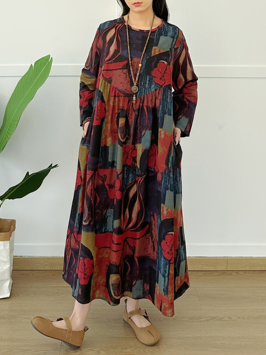 Spring/Summer Linen Print Patchwork A-line Skirt with Round Neck and Long Sleeves, Slimming and Loose Fit, perfect as Beach Cover-up or Wrap Skirt for Women.