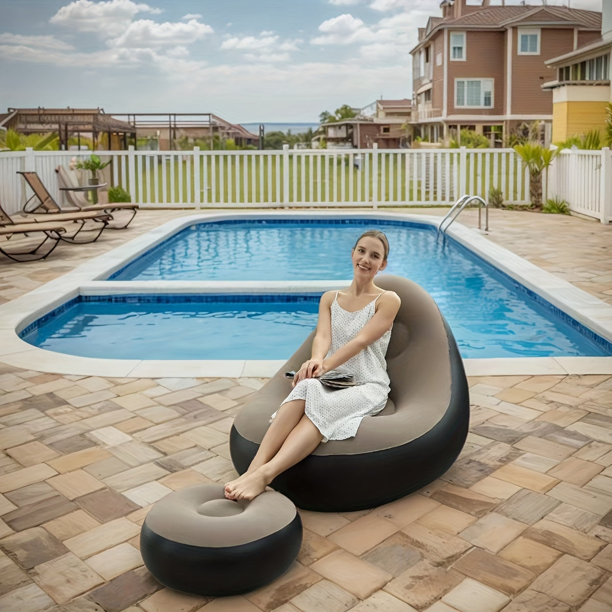 1pc Ergonomic Inflatable Plush Lounge Chair for Single Person - Portable & Foldable with Footrest, PVC Frame, Black & Beige, Ideal for Beach & Outdoor Relaxation