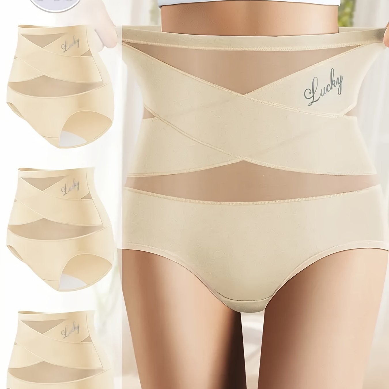 3-Pack High Waist Shapewear Panties with Alphabet Print, Adjustable Cross Design, Polyester-Elastane Knit Fabric for Comfortable Tummy Control.