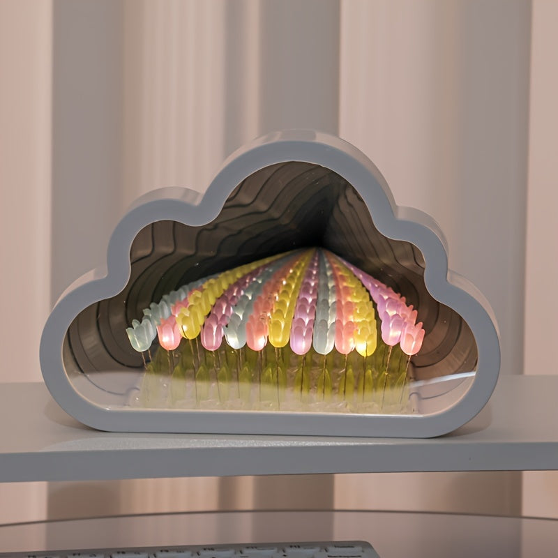 Artistic tulip cloud LED night light with mirror sea effect, handcrafted for cozy bedroom ambiance.