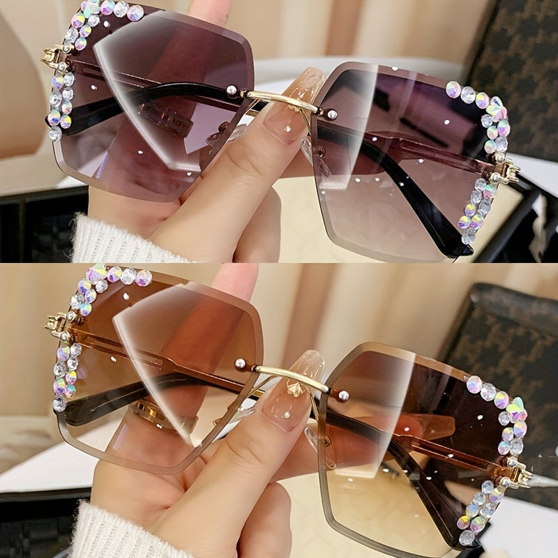 2 rhinestone rimless fashion glasses for women with gradient lenses, metal frames, and casual yet fashionable design.