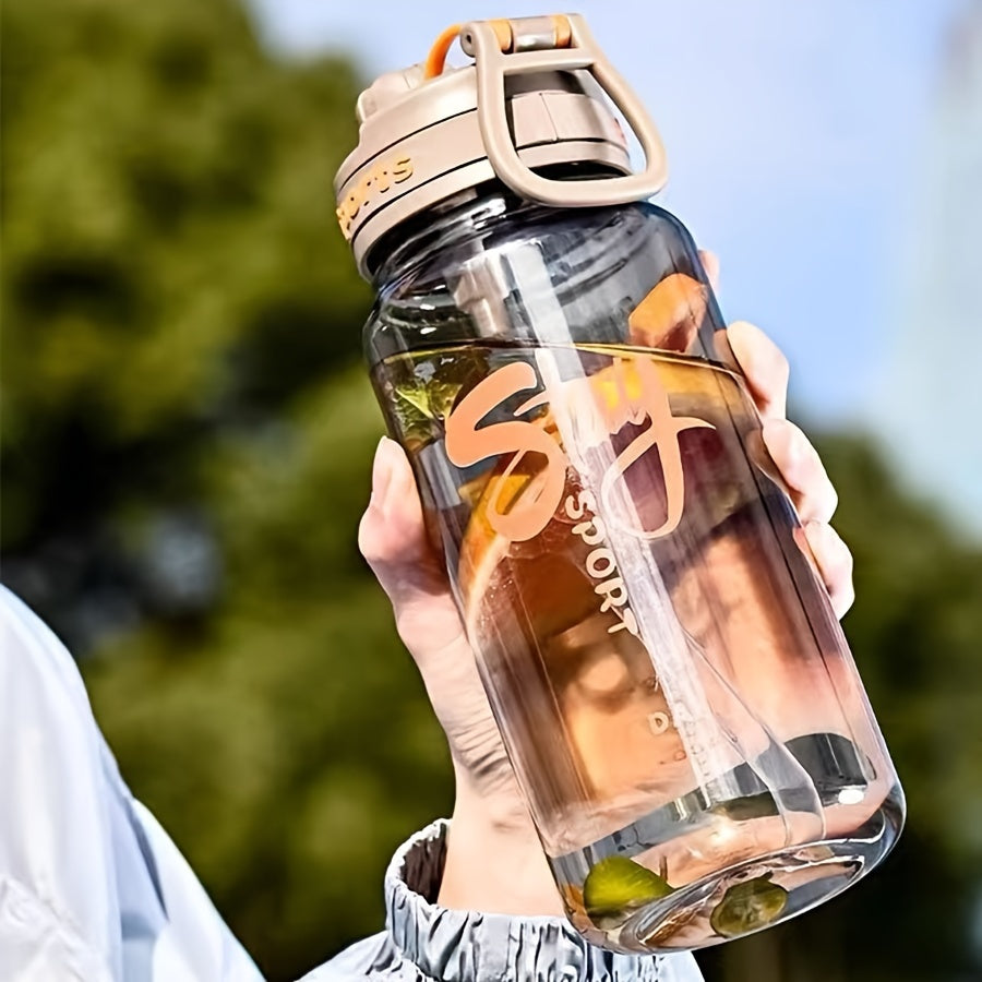 One leak-proof large capacity sports water bottle with straw, clear with "STAY HYDRATED" label, perfect for outdoor activities and fitness. Made of durable, portable, BPA-free plastic.