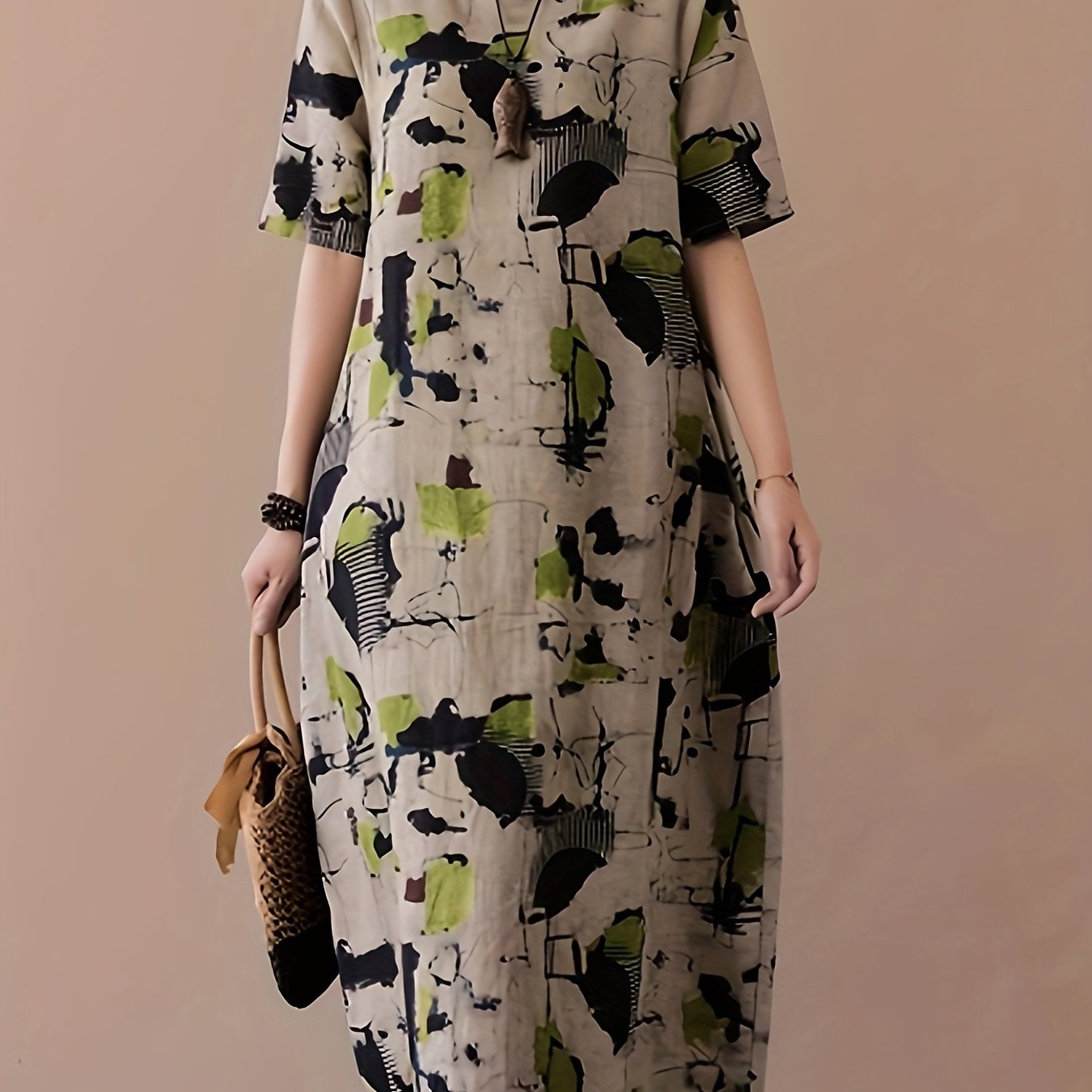 Elegant linen midi dress with vibrant abstract print, short sleeve, round neck, machine washable, no stretch - perfect for spring/summer/fall events.