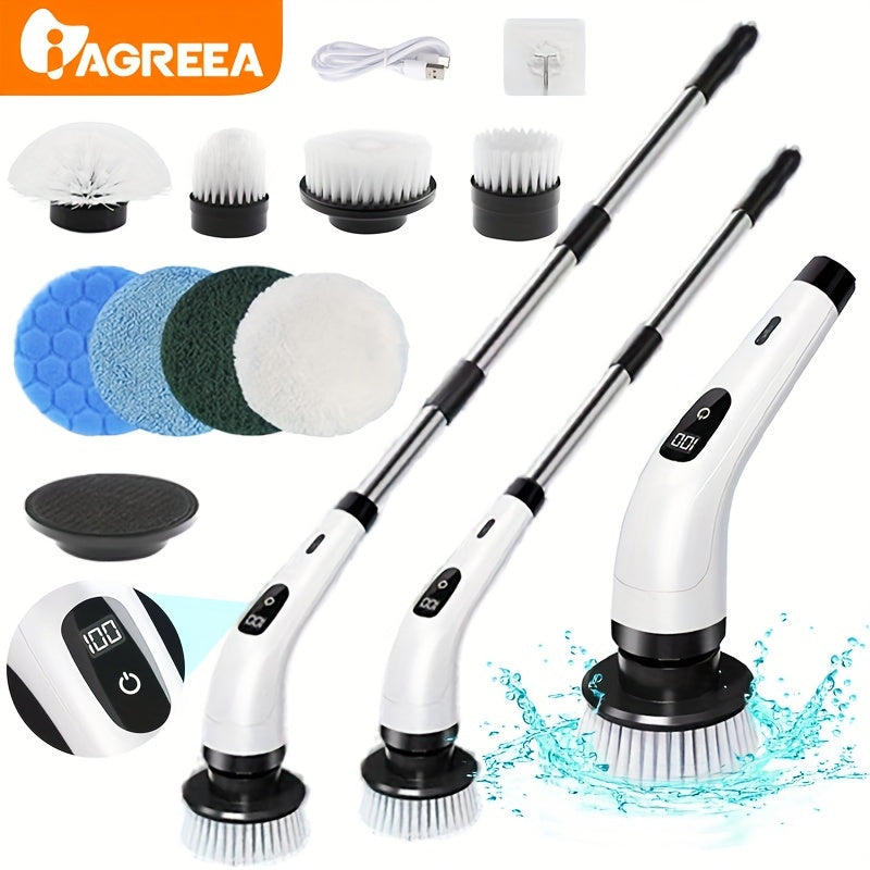 IAGREEA Electric Spin Scrubber 8 Brush Heads - Cordless Power Scrubber with USB Rechargeable, Adjustable Extension Handle, Digital Display, Medium Firmness for Efficient Cleaning in Bathroom, Kitchen, Toilet, Living Room, Car - Multipurpose Cleaning Tool